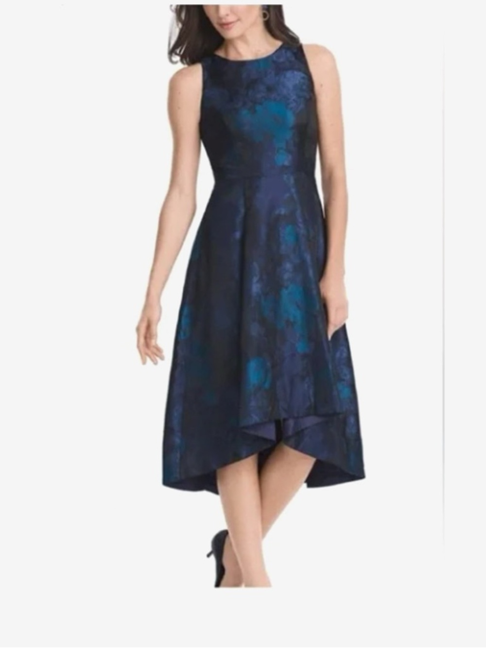 White House Black Market Navy and Teal Floral High-Low Dress